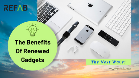 Banner showcasing the benefits of renewed gadgets with a collection of Apple devices, including an iPhone, iPad, MacBook, AirPods, and Apple Watch, with a vibrant background, highlighting affordability and sustainability.