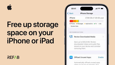 iPhone storage screen showing used space breakdown and optimization tips with a headline 'Free up storage space on your iPhone or iPad' on a beige background, alongside the REFAB logo.