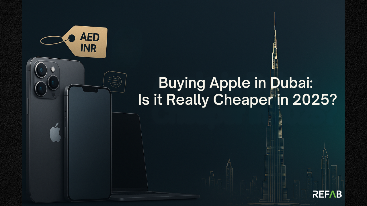 Premium blog banner featuring Apple iPhone and MacBook with the Dubai Burj Khalifa skyline in the background, illustrating the question “Buying Apple in Dubai: Is it Really Cheaper in 2025?” highlighting price comparison between AED and INR."