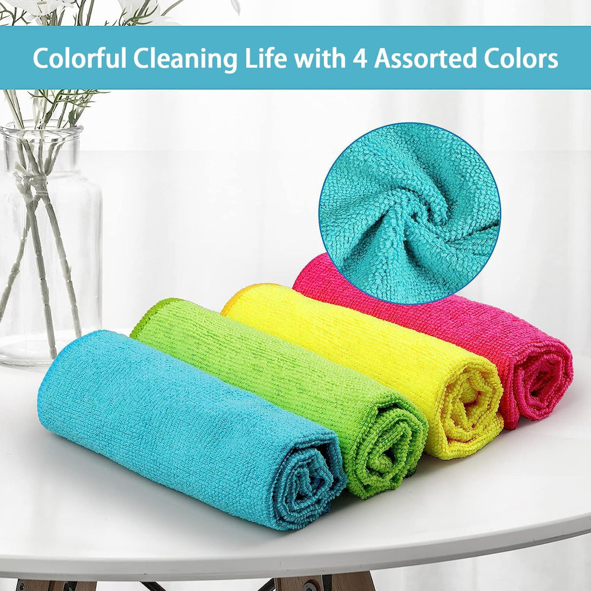 Microfiber Cleaning Cloth, 8 Pack Cleaning Rags, Cleaning Towels with 4 Color Assorted, 11.5"X11.5"(Green/Blue/Yellow/Pink)