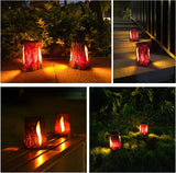 Solar Lights Outdoor - Stump on Fire Torch, Flickering Flame Lantern, Solar Powered Landscape Decoration for Garden, Patio, Pathway, Deck & Yard Decor (2 Pack), Resin, Copper
