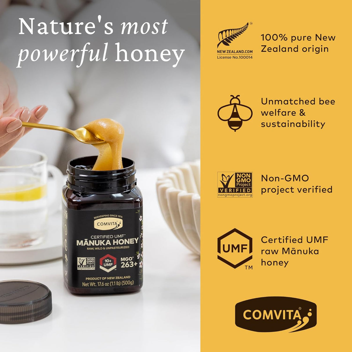 Manuka Honey UMF 10+ (MGO 263+) - Raw Manuka Honey New Zealand, Pure & Unpasteurized, Superfood for Immune Health, Use in Tea, Wild, Monofloral, Non-Gmo - 500G (17.6 Oz)