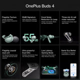 سماعات الأذن اللاسلكية OnePlus Buds 4 مع إلغاء الضوضاء النشط (ANC) - حتى 55 ديسيبل في الوقت الفعلي