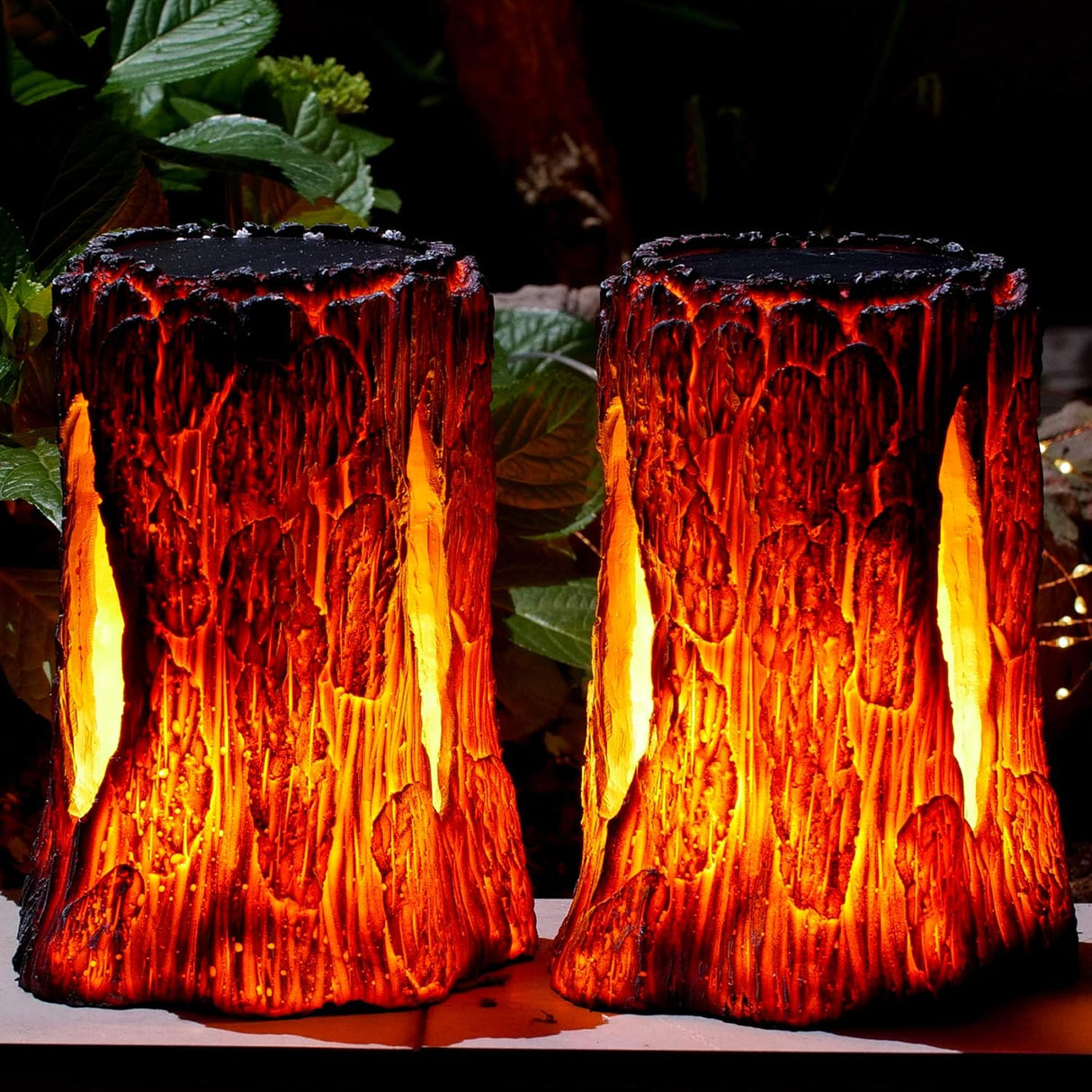 Solar Lights Outdoor - Stump on Fire Torch, Flickering Flame Lantern, Solar Powered Landscape Decoration for Garden, Patio, Pathway, Deck & Yard Decor (2 Pack), Resin, Copper