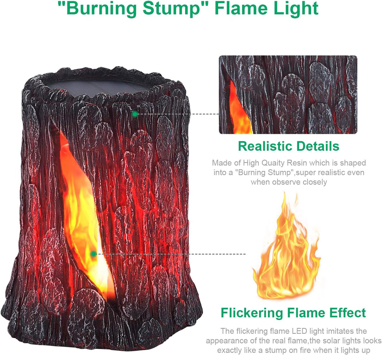 Solar Lights Outdoor - Stump on Fire Torch, Flickering Flame Lantern, Solar Powered Landscape Decoration for Garden, Patio, Pathway, Deck & Yard Decor (2 Pack), Resin, Copper